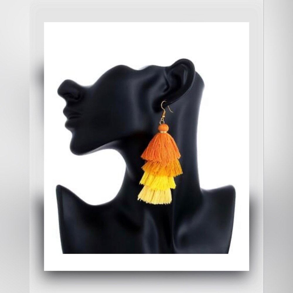 BOHEMIAN FRINGE LAYERED MULTI-COLORED THREADED TASSEL DROP EARRINGS